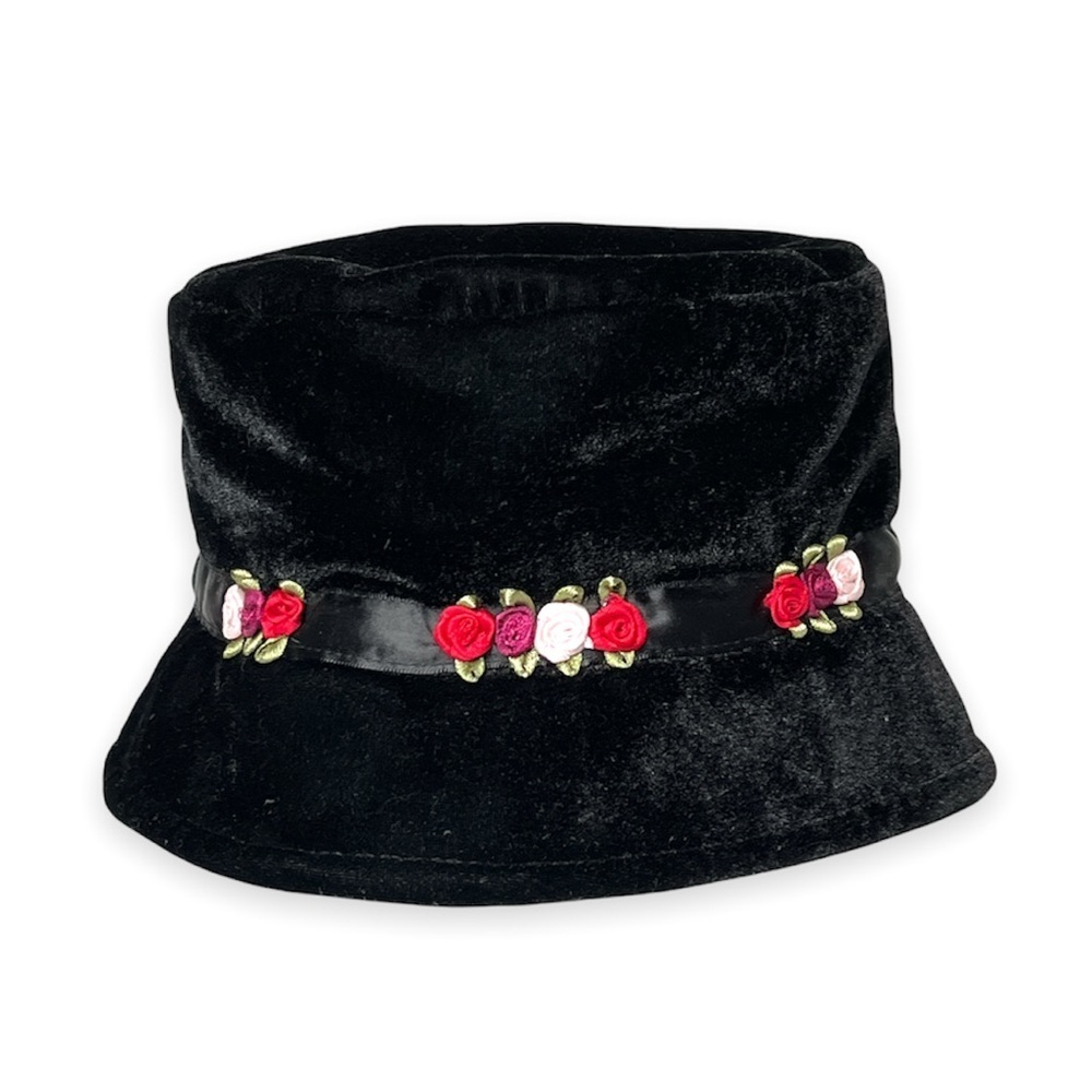 Black Velvet‎ Bucket Hat Satin Ribbon Roses Satin Ribbon Band Lined Toddler Size